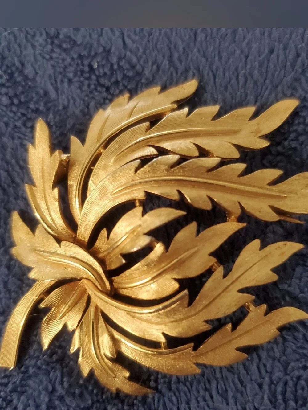 Vintage Crown Trifari Texured Gold Leaf Brooch 1960s Signed